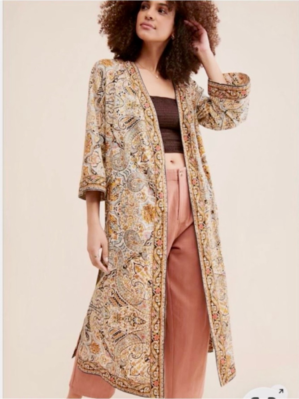 Cleobella Multi-Tone Paisley Long Kimono Robe in Yellow and Cream Sz M